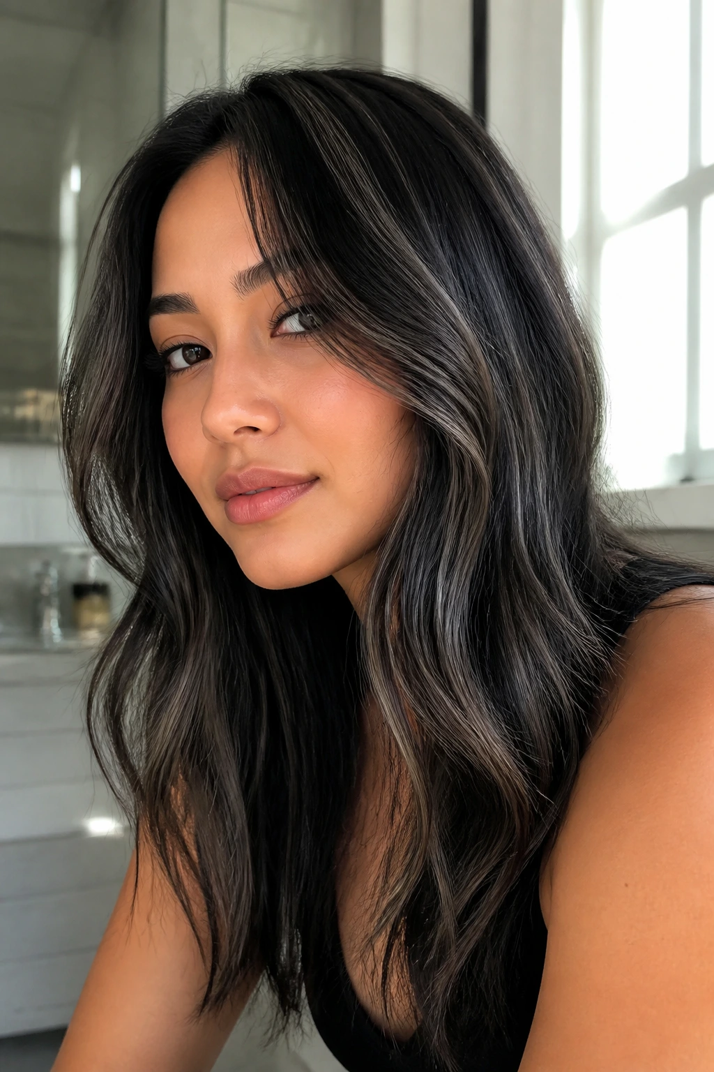Close-up of a real woman with glossy ash-black highlights and root shadow