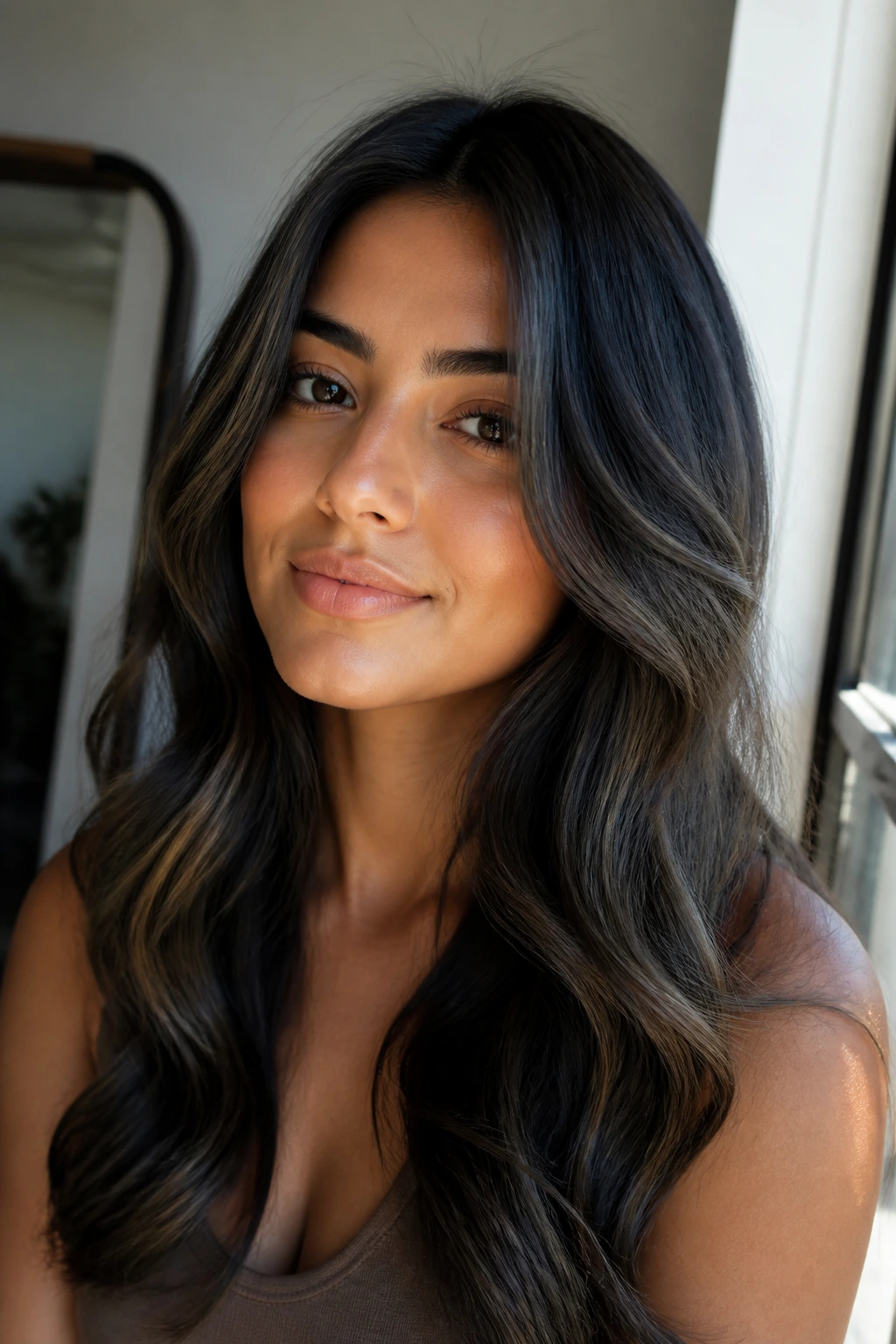 Close-up of a real woman with ash-black highlights around the face on warm skin