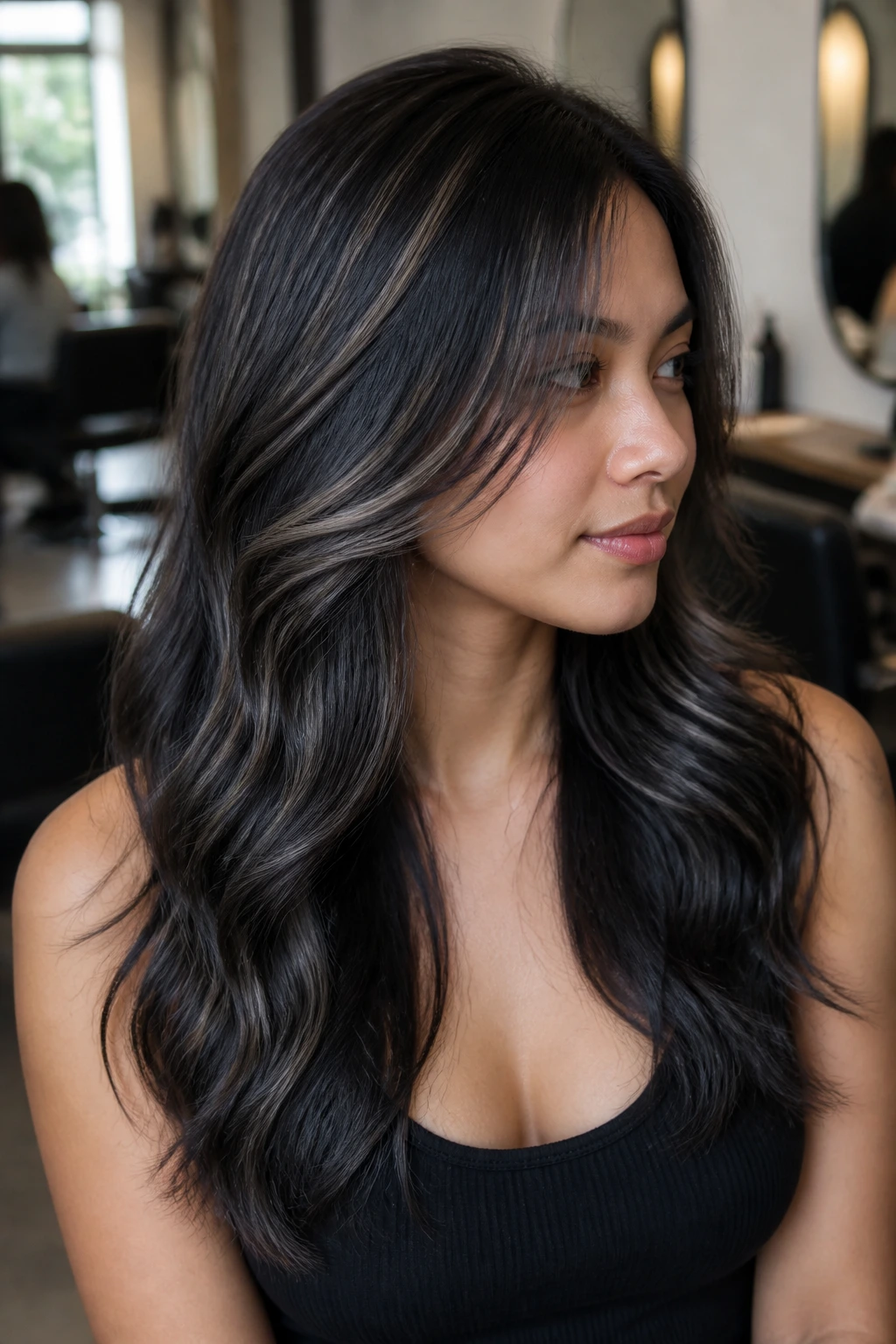 Close-up of ash-black hair showing Soft Smoke Melt near crown on a real woman