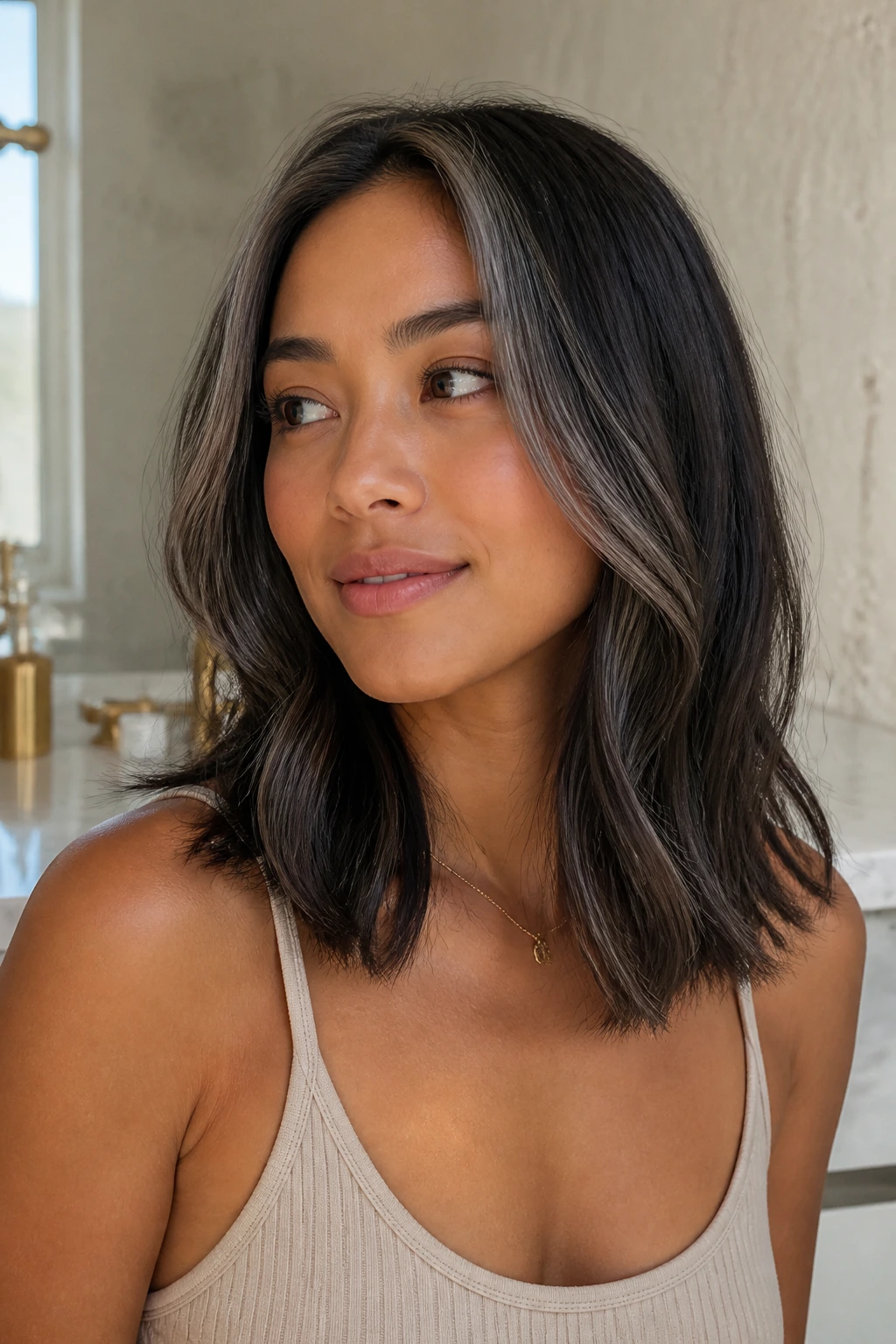 Close-up of a person with ash-black highlights on a long lob hairstyle.