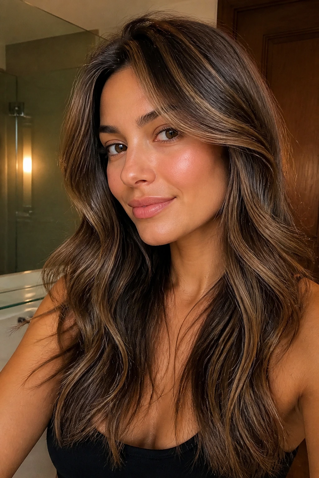 Close-up of sandy brunette with ash-black highlights and warm glaze.