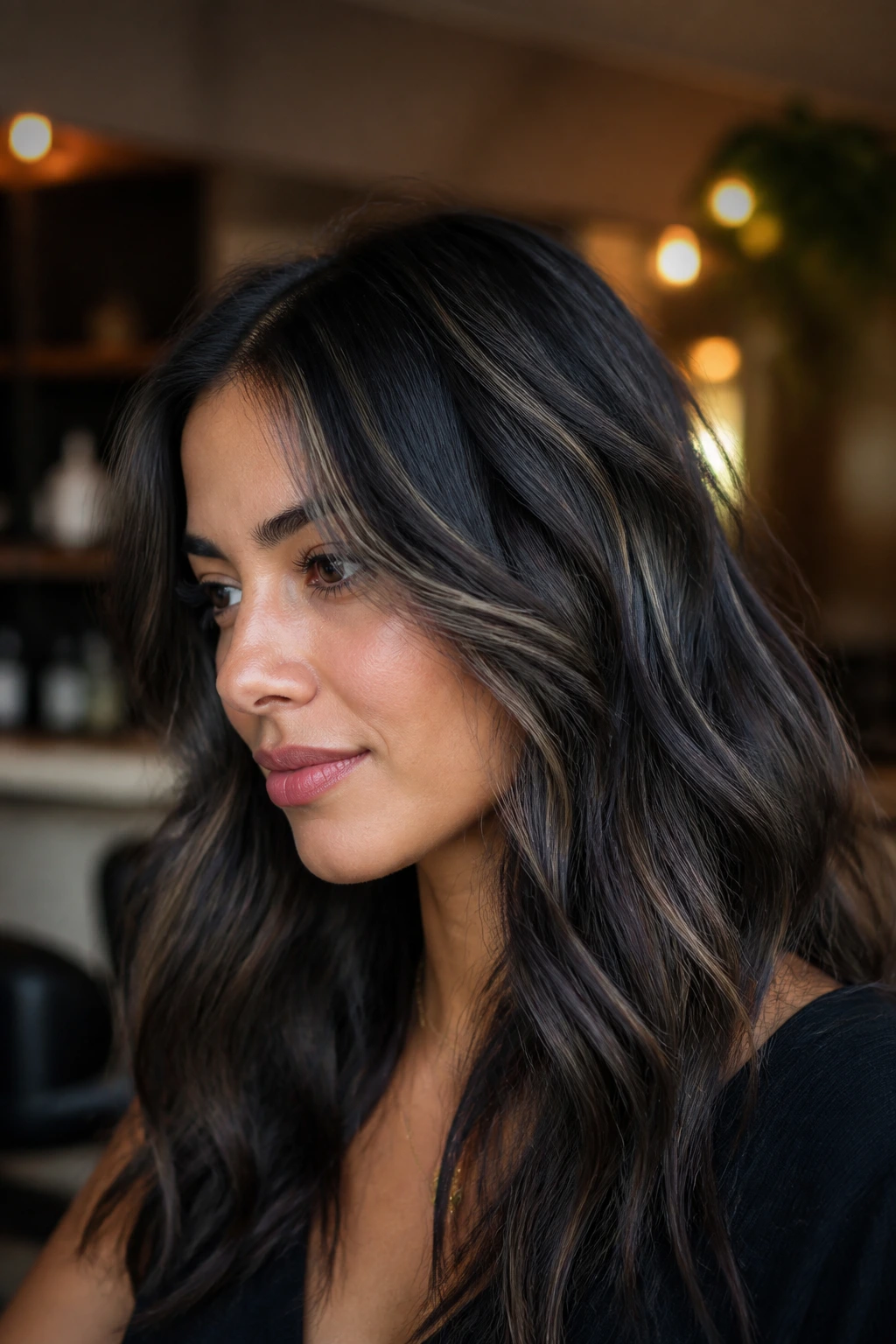 Close-up of mushroom brunette with ash black veils over brown base on a real person