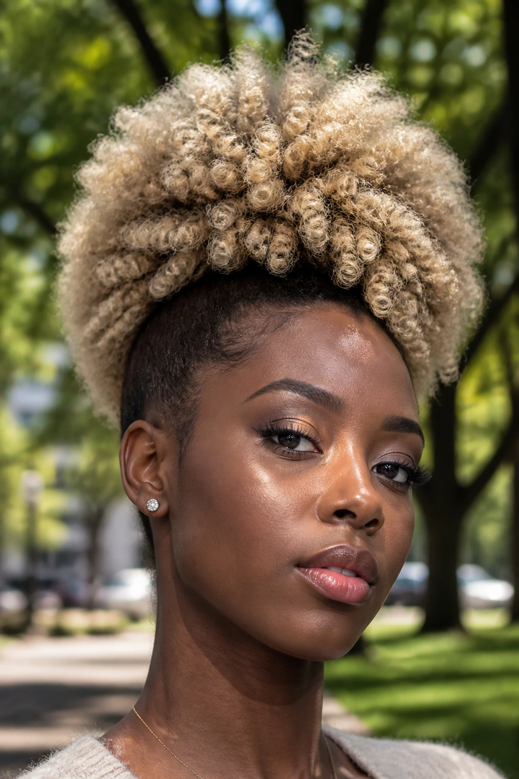 Close-up of a woman with a large ash blonde afro puff and dark roots