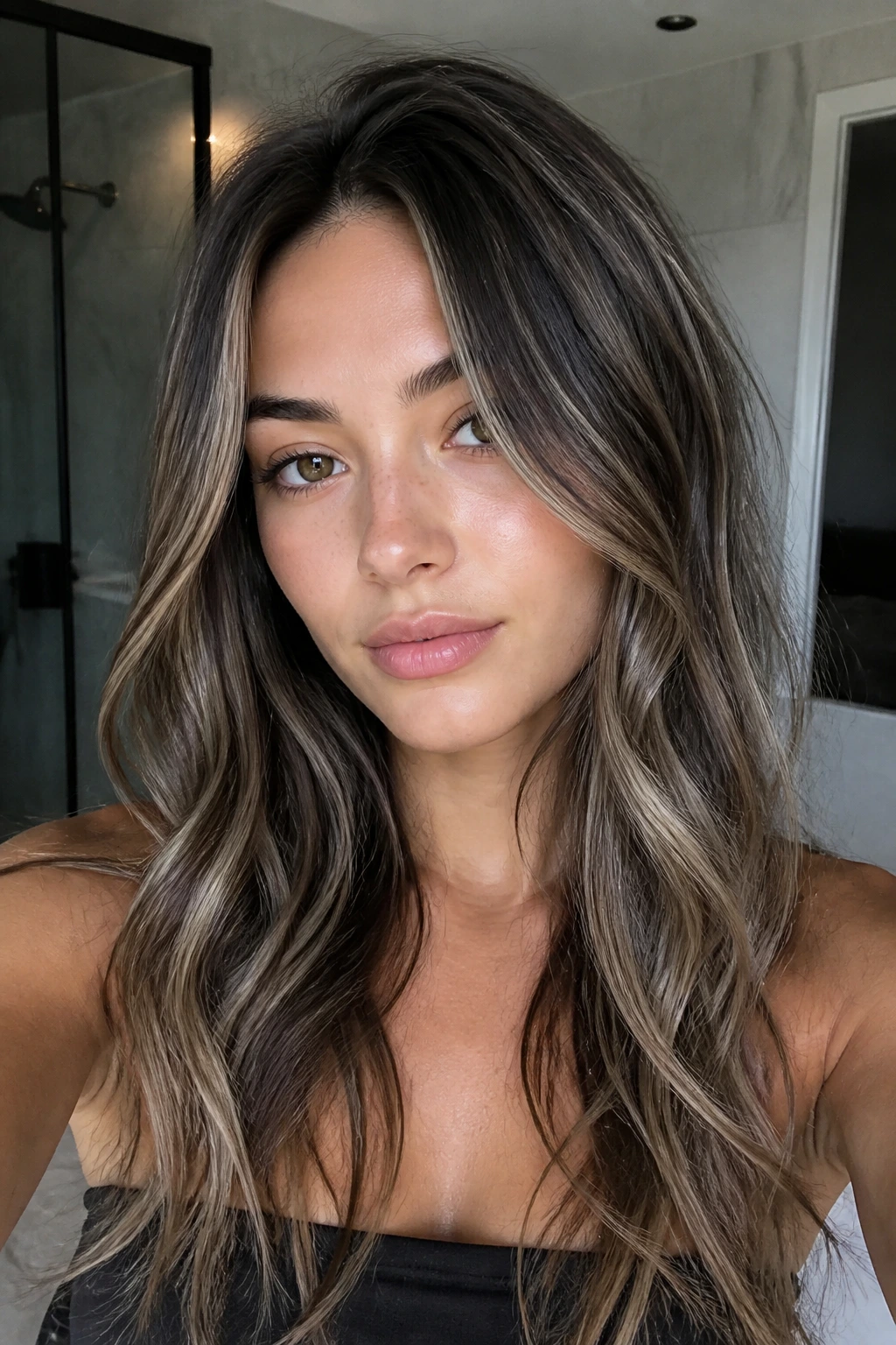 Brunette with thin ash blonde babylights for cool, smoky effect.