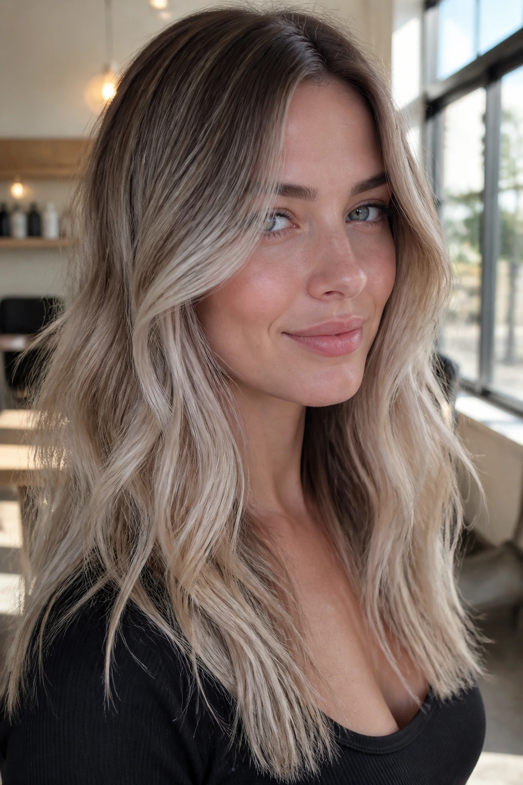 Close-up portrait of a real woman with ash blonde balayage in a sunlit salon