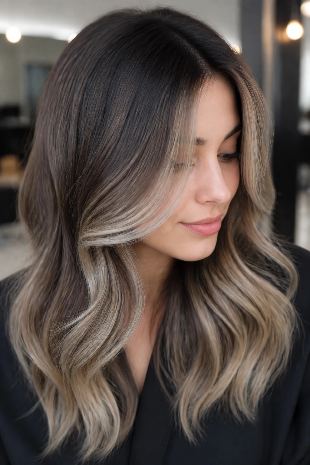 Dark base with ash blonde balayage ribbons on a real person