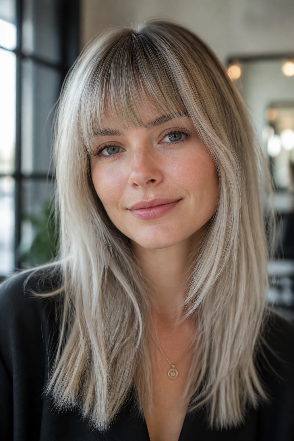 Portrait of a real person with ash-blonde hair and bangs in natural light