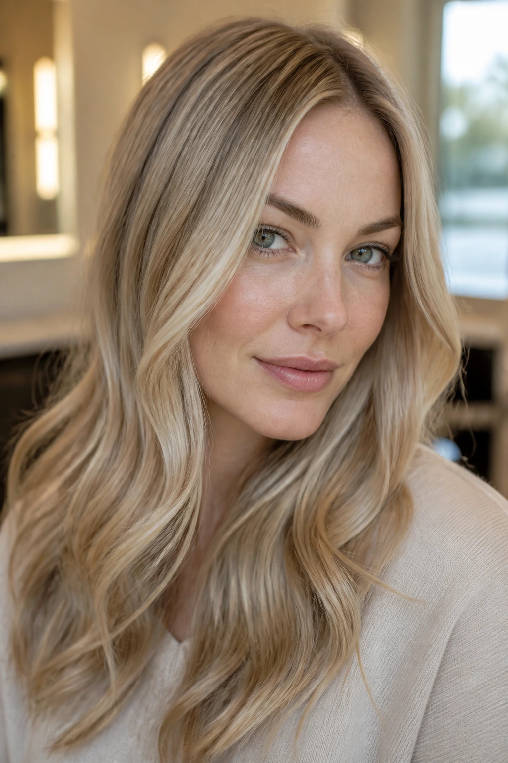 Close-up portrait of a real woman with warm ash blonde hair and beige gloss