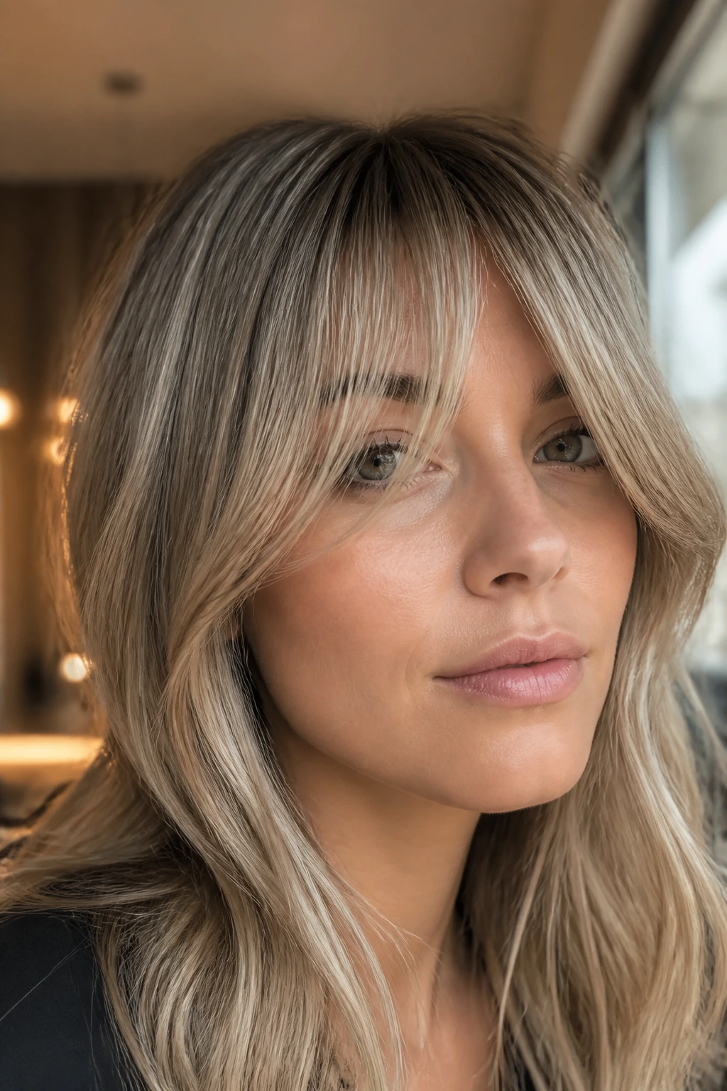 Close-up portrait of a real woman with ash blonde dimension and blended bangs