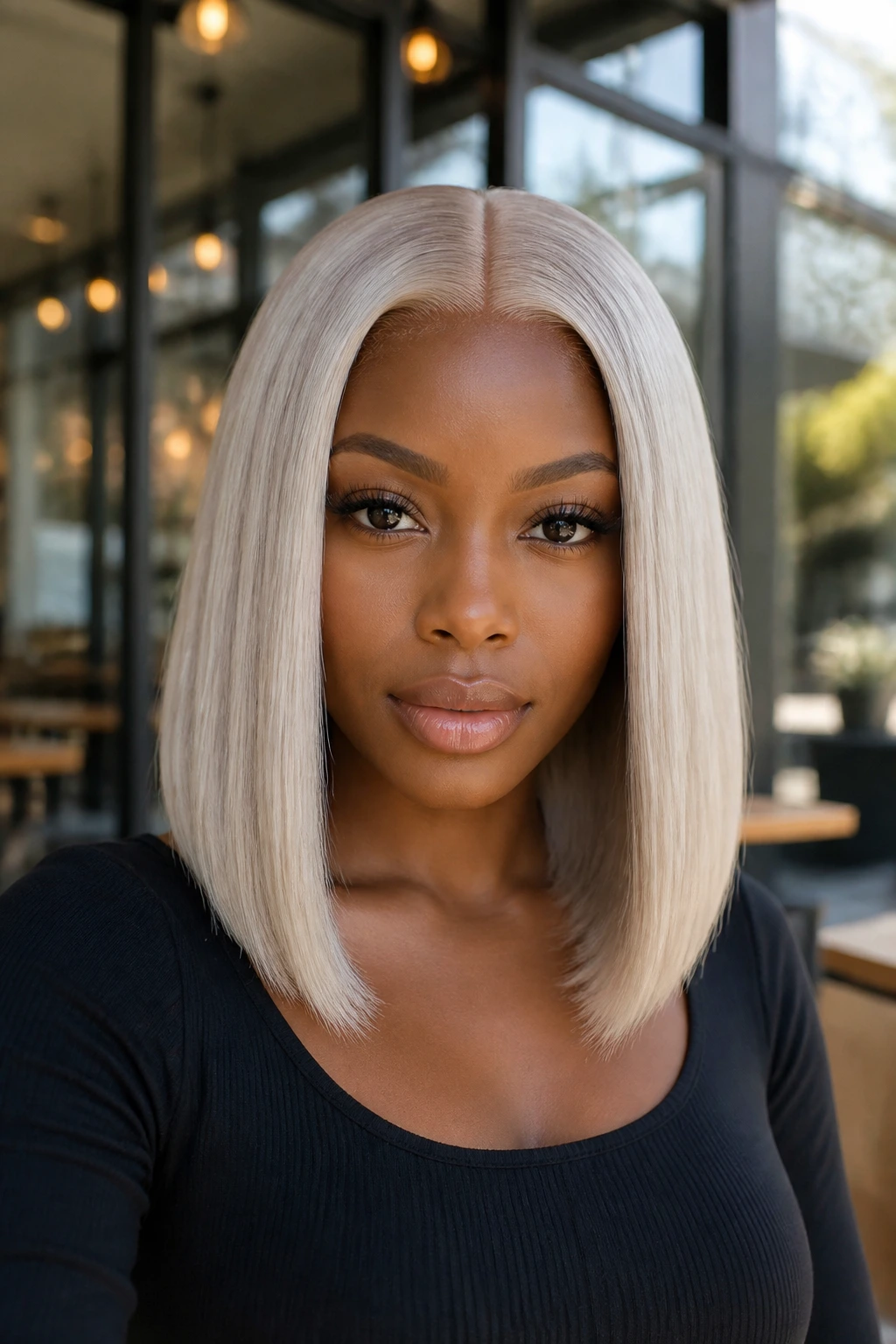 Real woman wearing ash-toned blunt lob closure wig with crisp cut