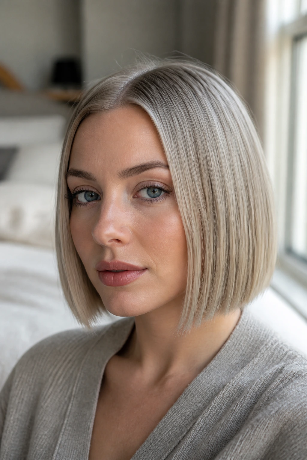 Close-up of a woman with ash-blonde blunt bob on cool undertones