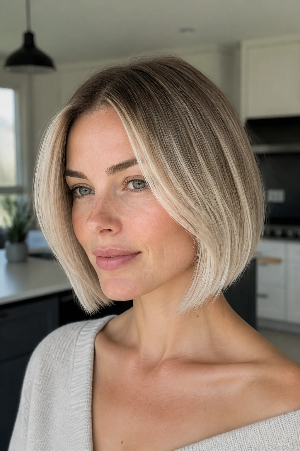 Close-up of a real woman with ash blonde bob and frosted ends