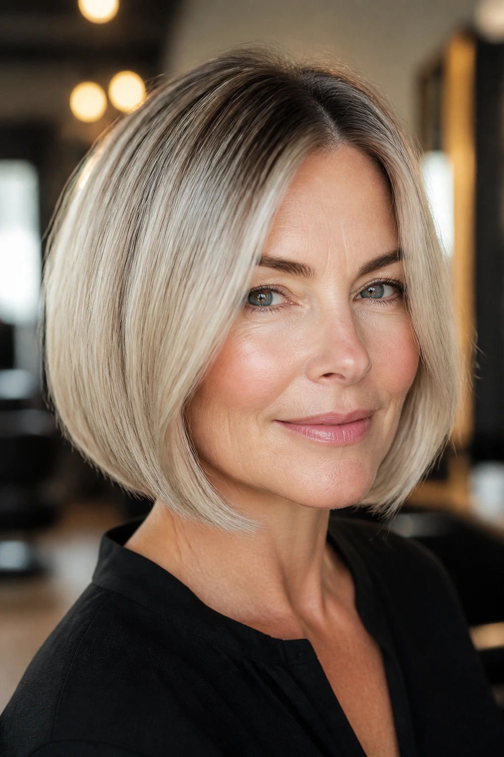 Close-up of a woman with an ash-blonde bob and soft root shadow.