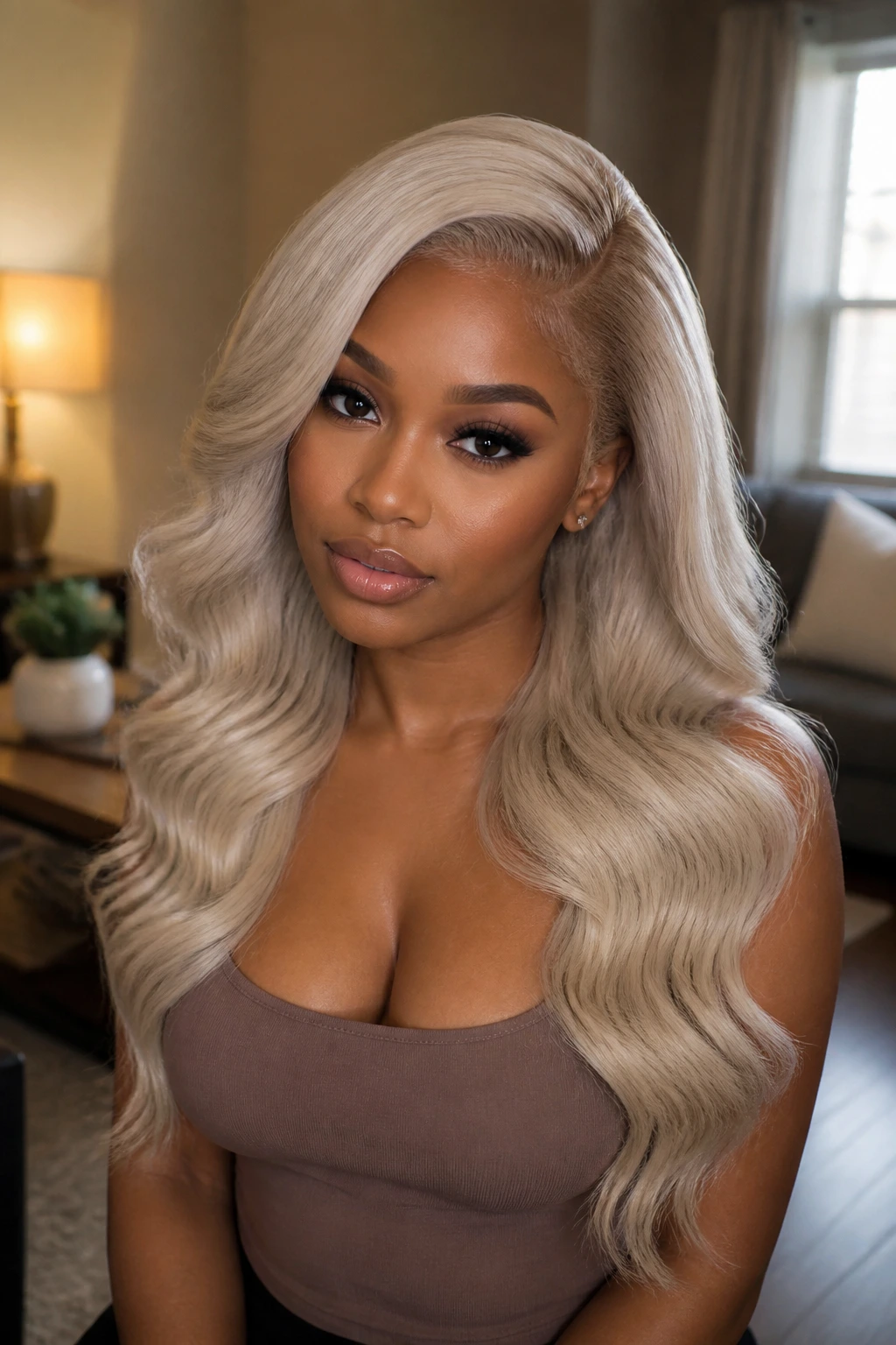 Woman wearing ash-blonde body wave frontal wig with side part.