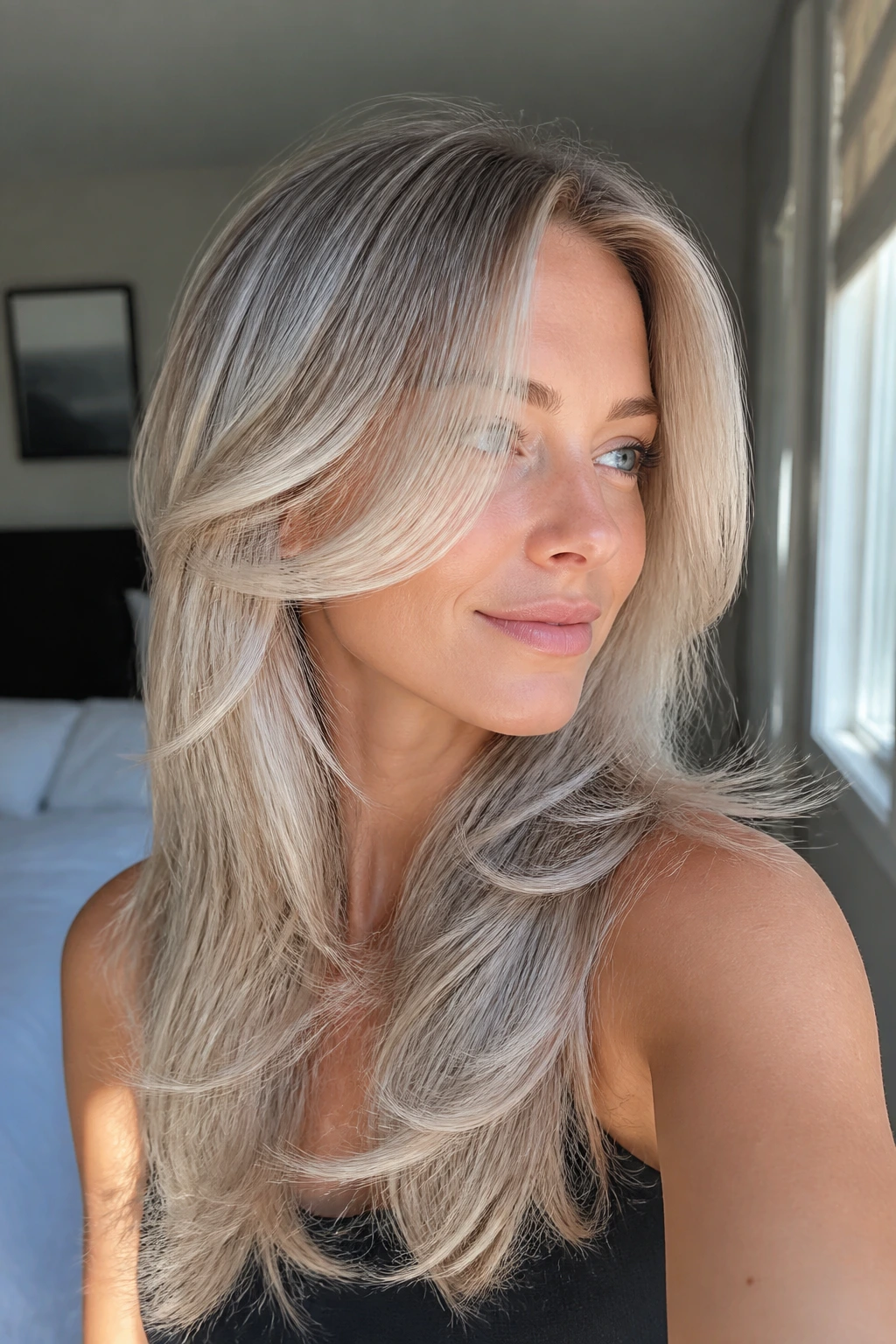 Close-up of a woman with a pale ash-blonde butterfly cut and face-framing layers
