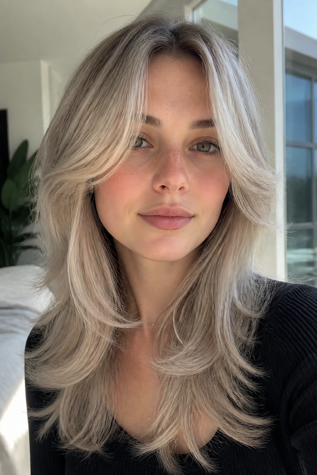 Woman with ash blonde butterfly cut hairstyle