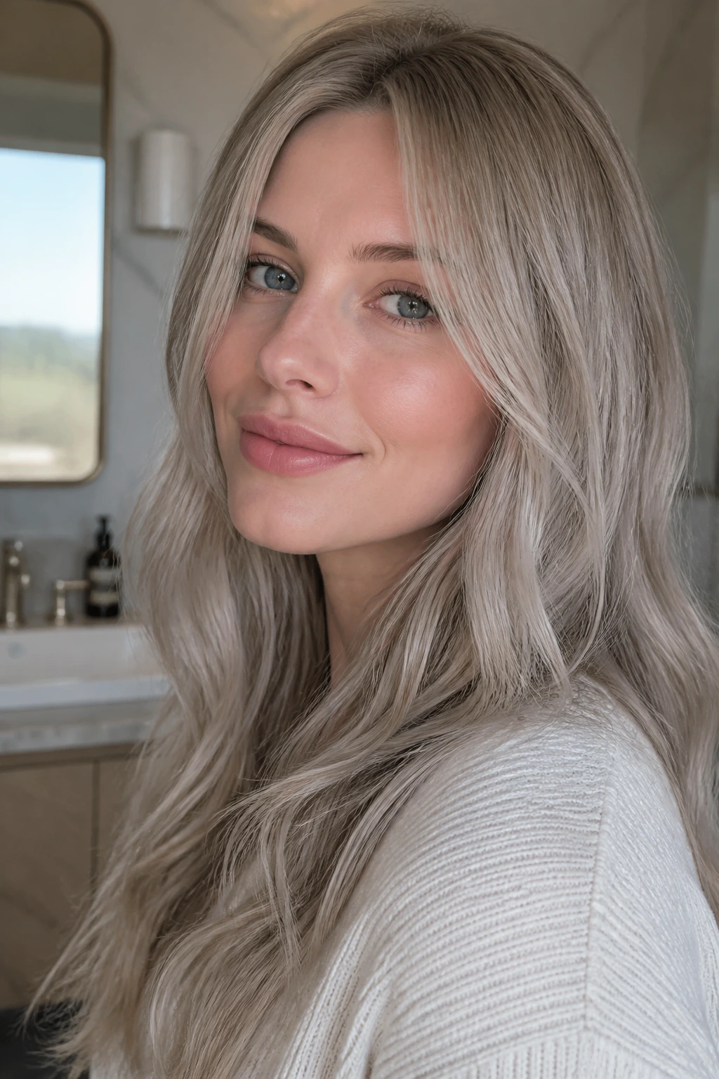 Close-up of a real person with cool ash blonde hair showing a non-yellow tone