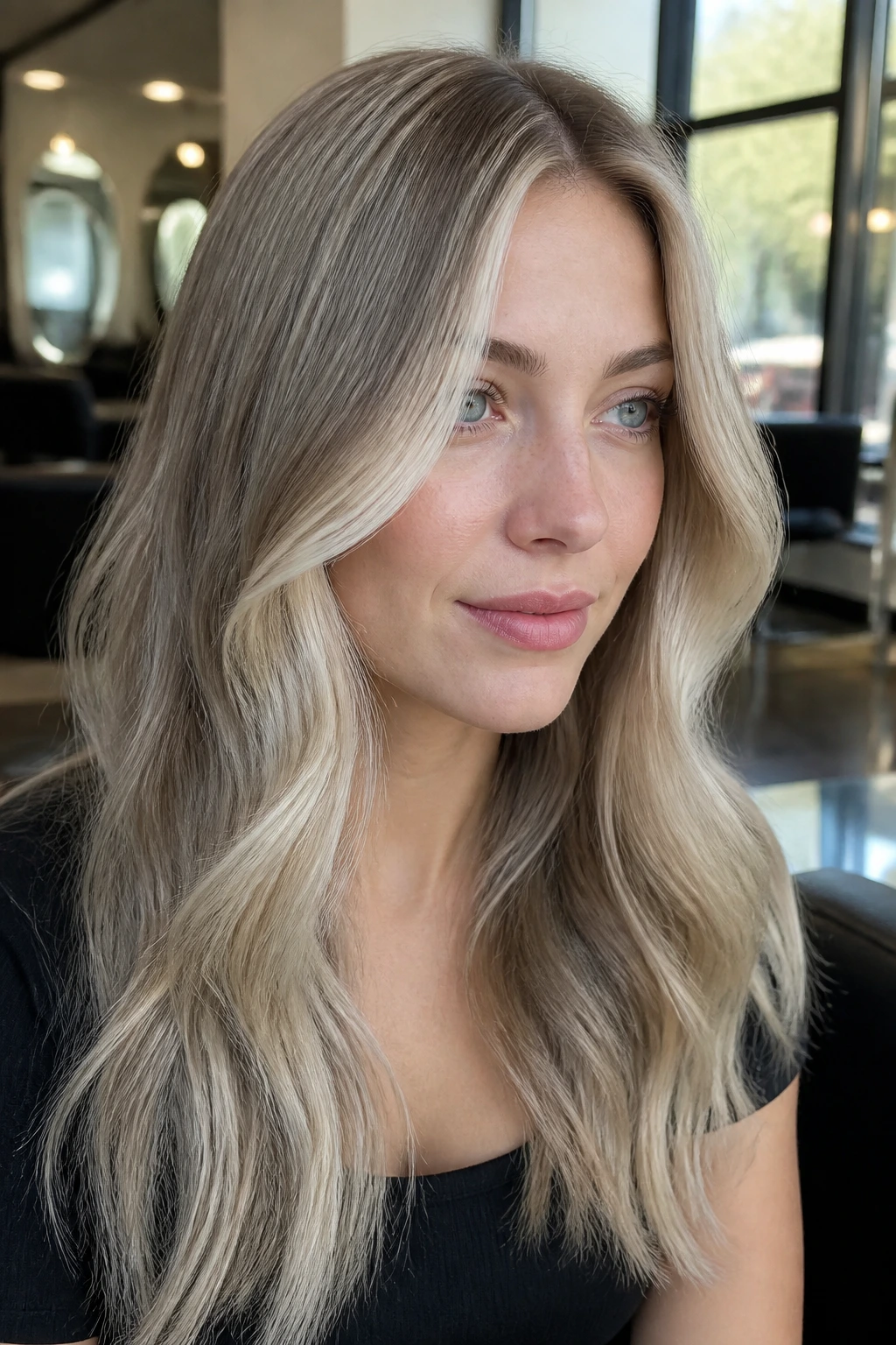 Close-up of ash blonde hair with champagne money pieces framing the face on a real woman