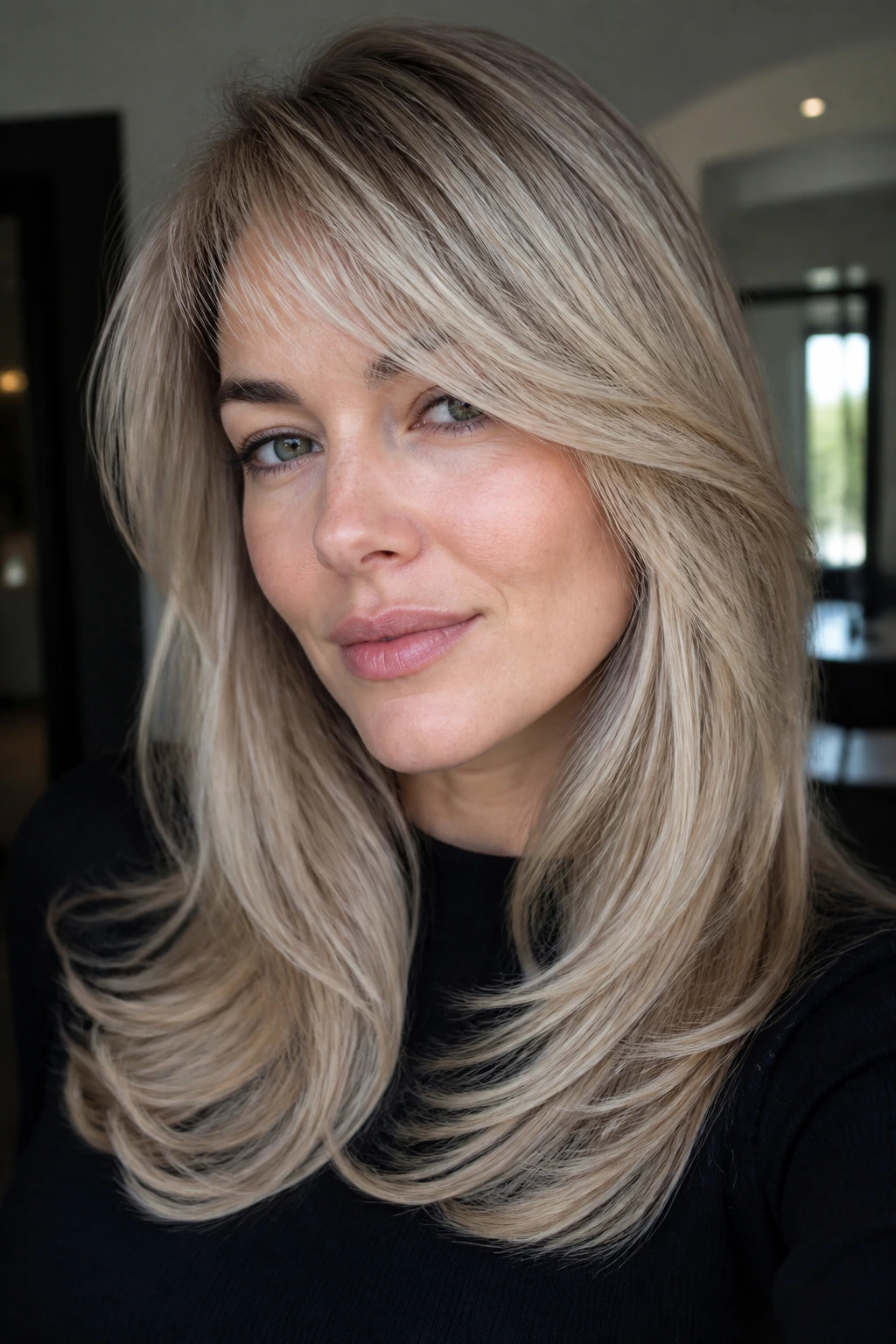 Portrait of ash-blonde hair with contour layers framing the face.