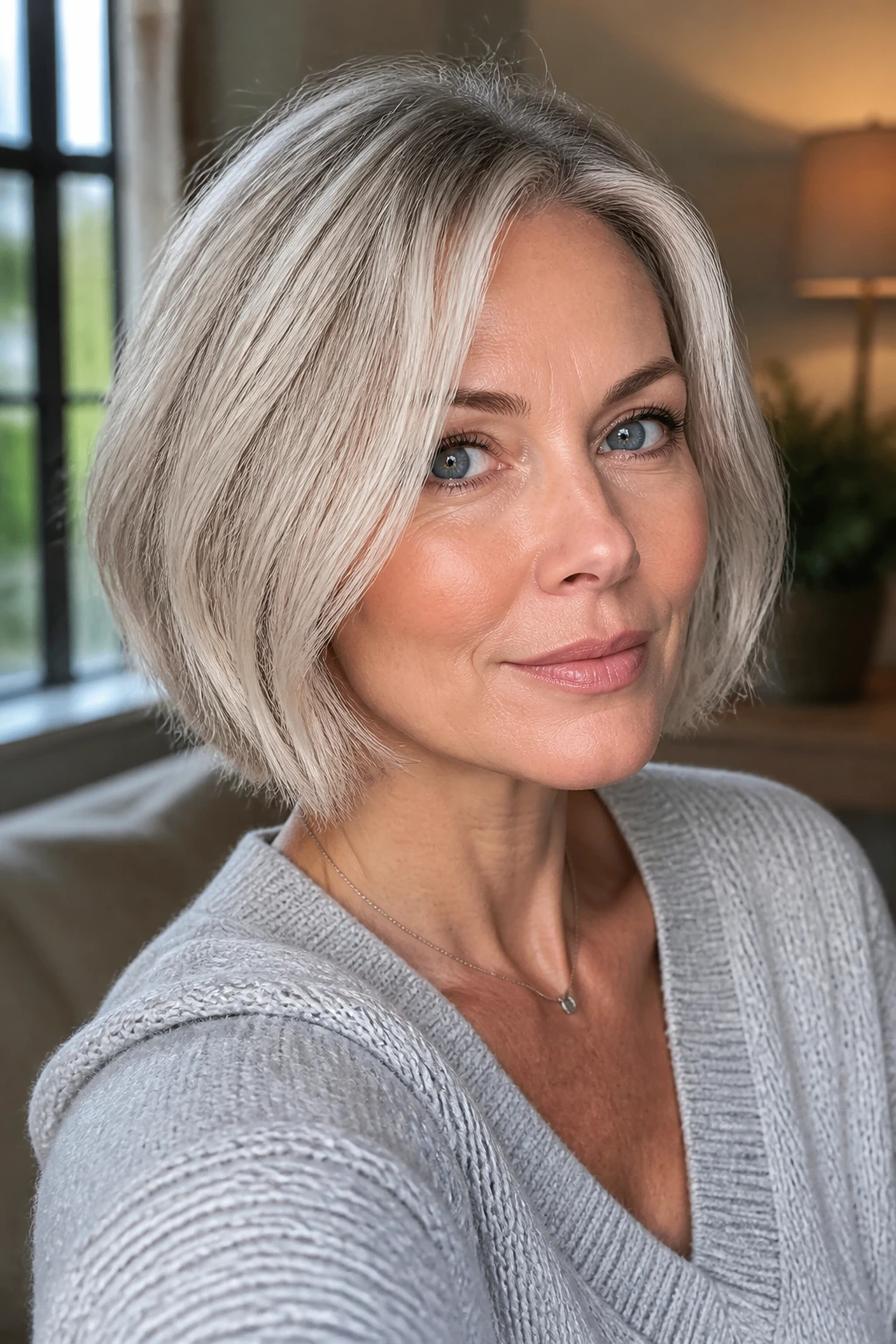 Close-up portrait of a real woman with ash-blonde bob and pearl-silver tones for a cool finish