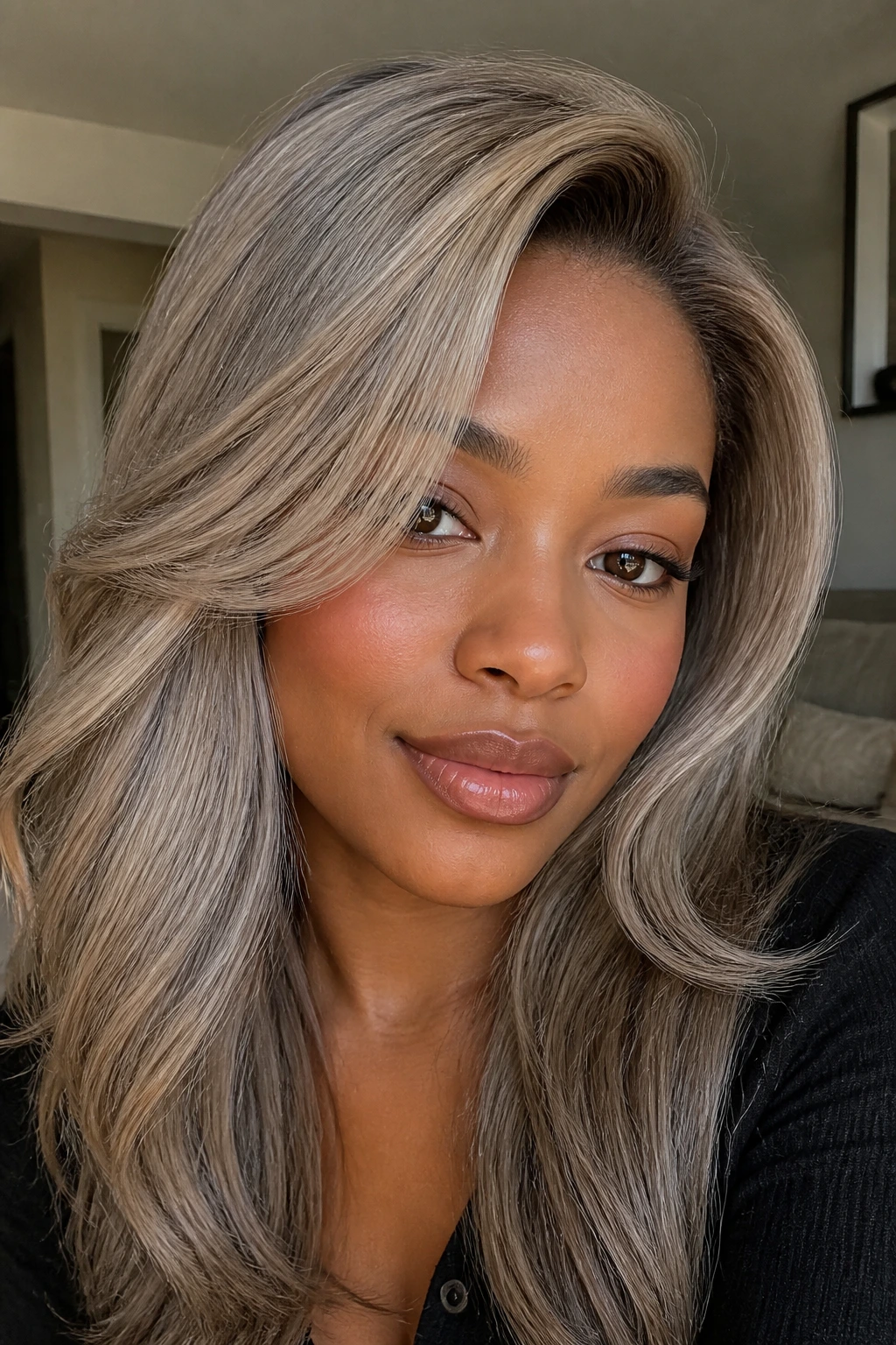 Close-up portrait of a real person with ash blonde hair for cool undertones