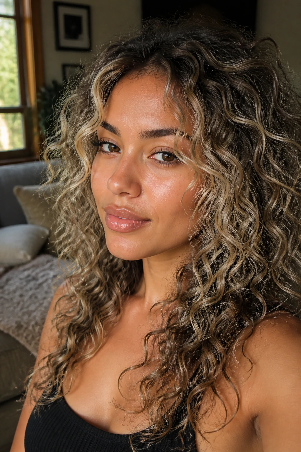 Olive-skinned woman with face-framing ash blonde curls.