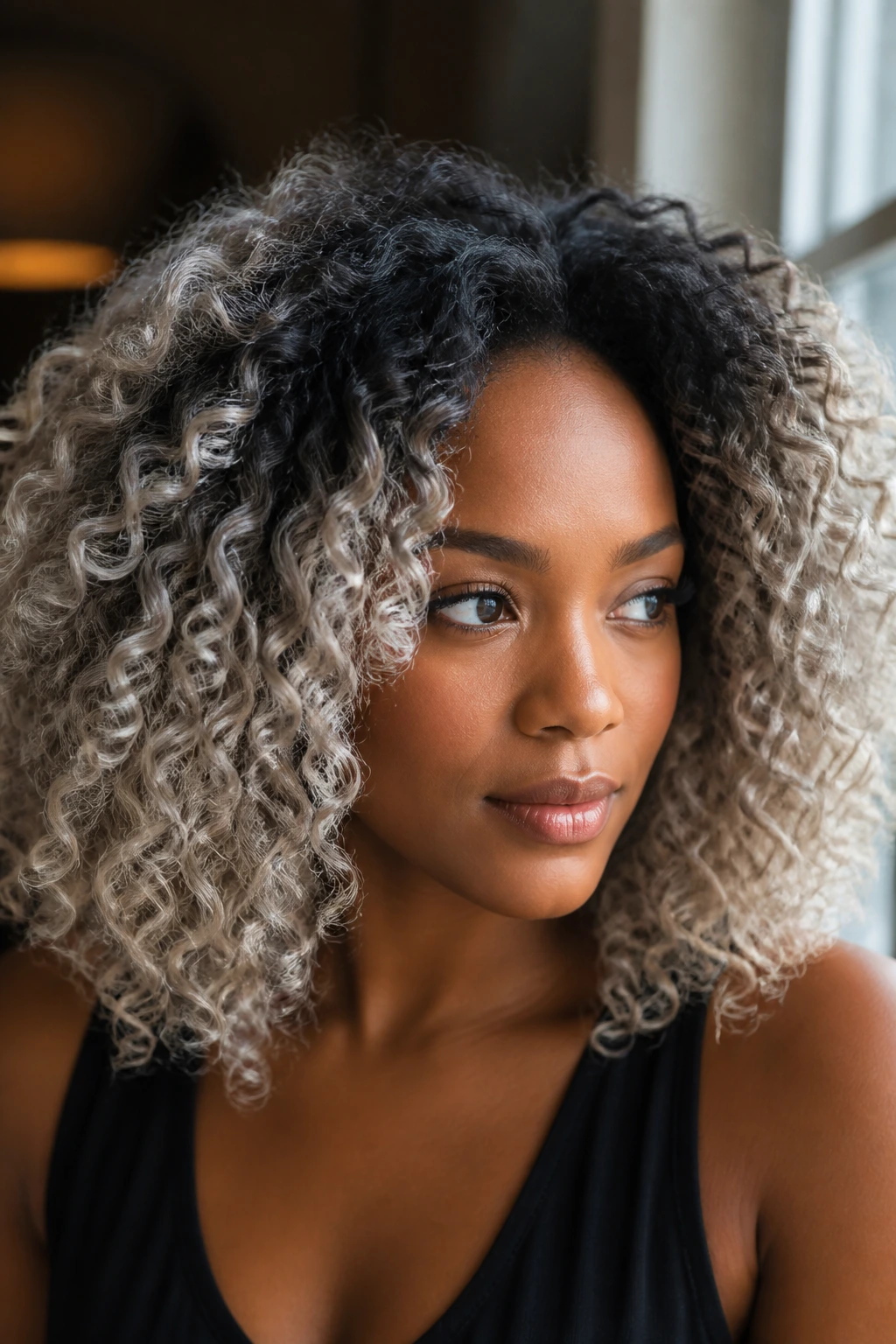 Real-person close-up showing frosted ash blonde curls with root shadow
