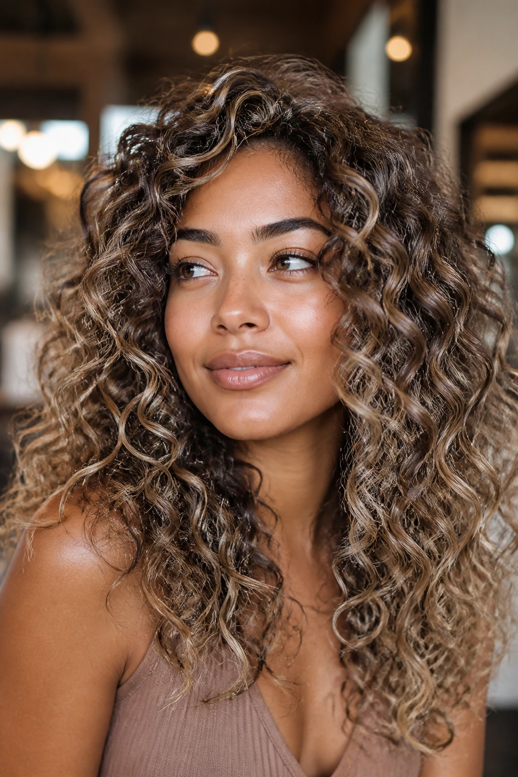Close-up portrait of a real woman with tan skin and curly ash-blonde highlights