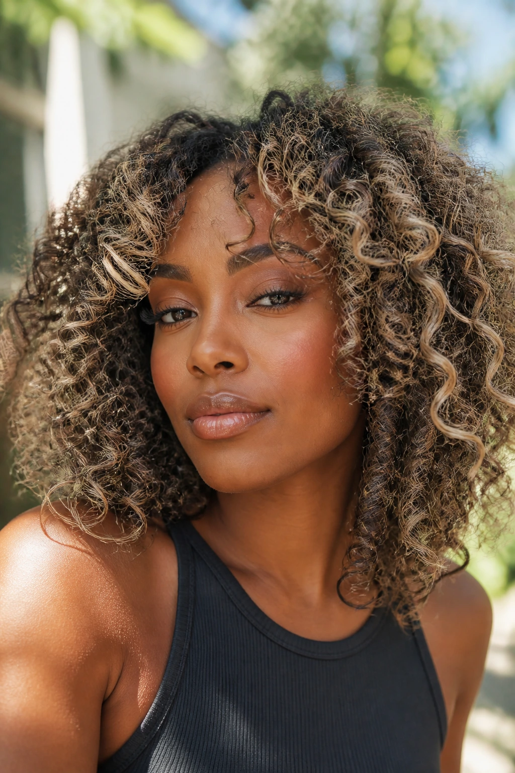 Portrait of a woman with curly ash-blonde hair and highlights following curl pattern