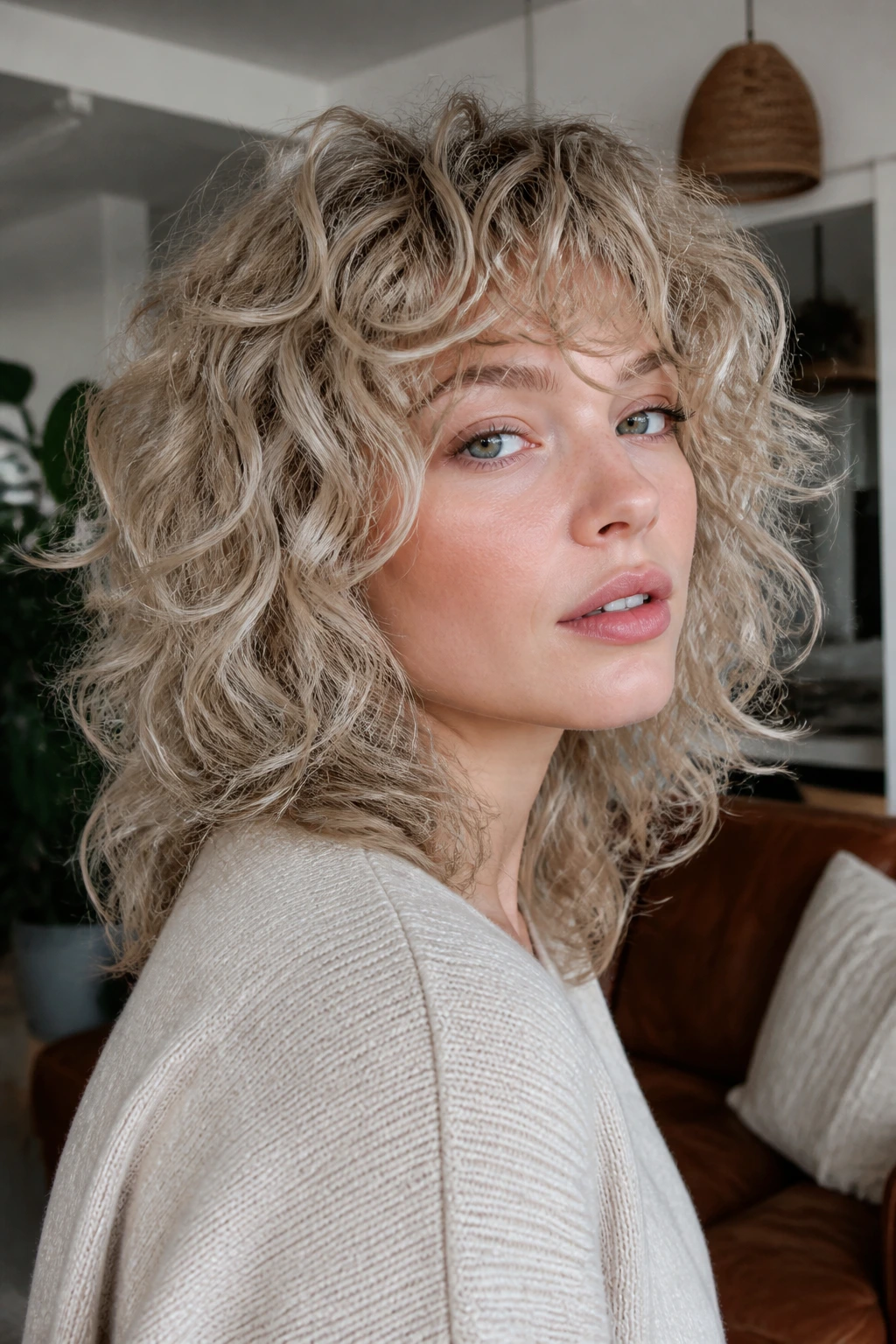 Portrait of a real woman with curly ash blonde shag and defined curls.