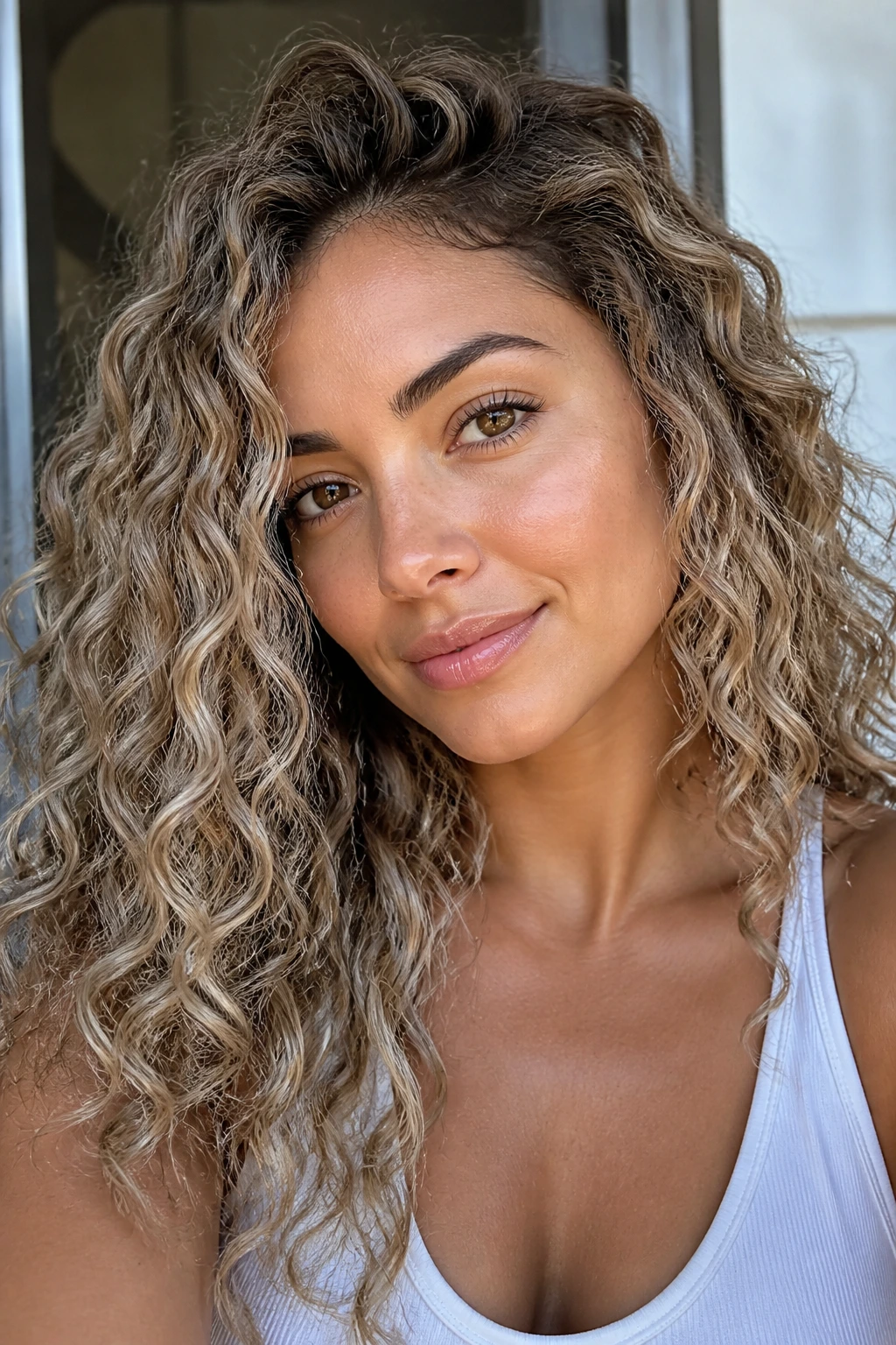 Real person with ash blonde curls on tan skin under natural daylight