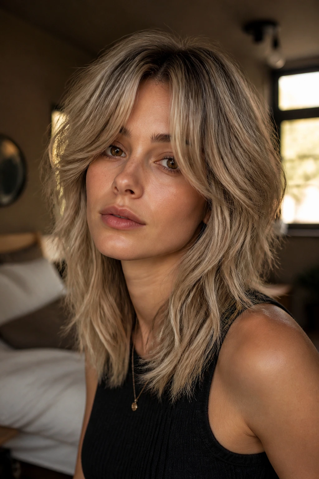 Real woman with ash blonde curtain-bang shag hairstyle