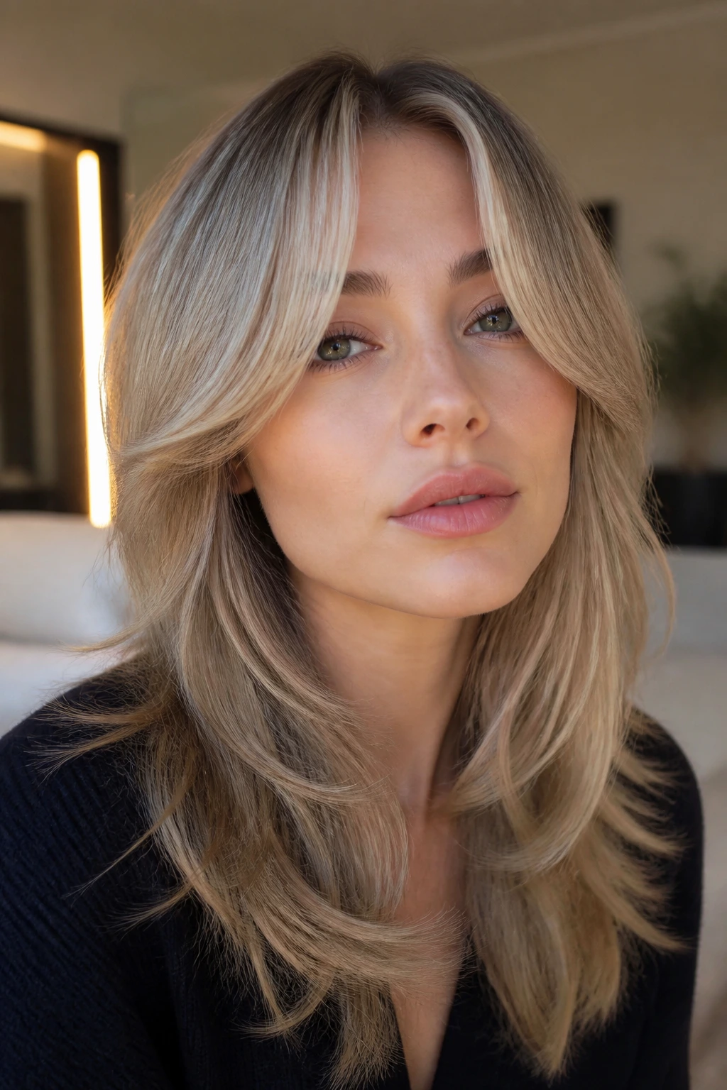 Portrait of a person with ash-blonde curtain bangs in soft light