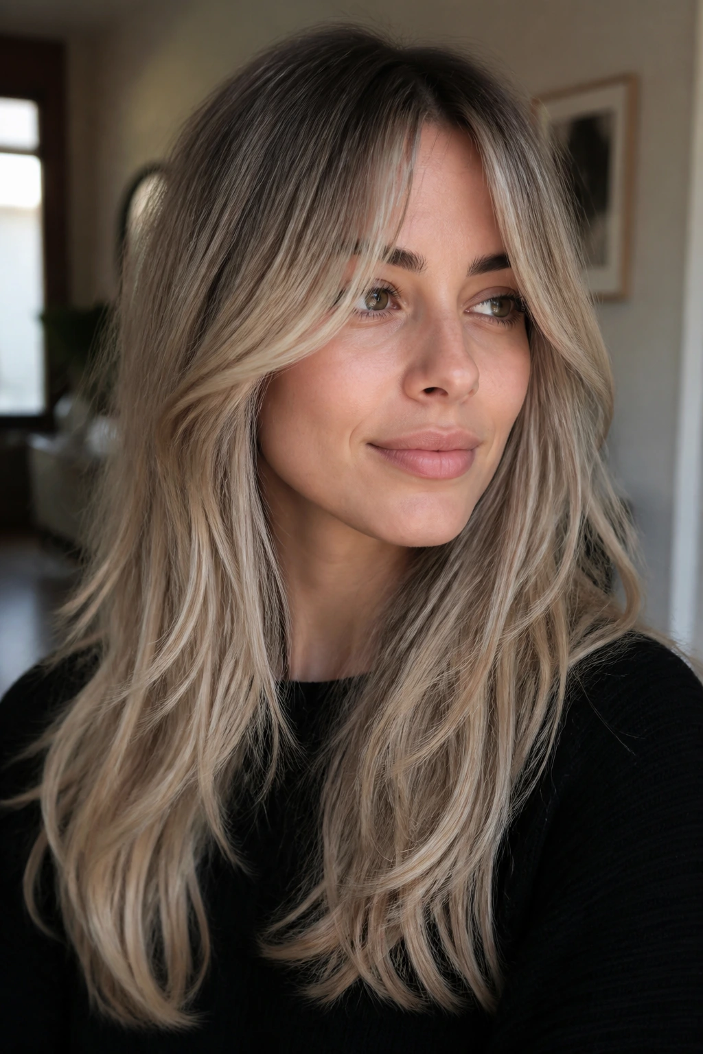Real woman with ash-blonde curtain bangs and long layers in natural light