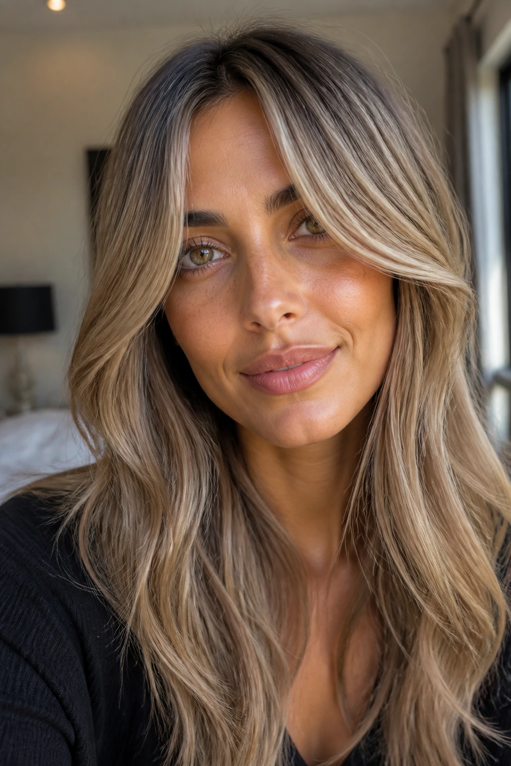 Portrait of a woman with ash blonde curtain bangs and olive skin in natural light