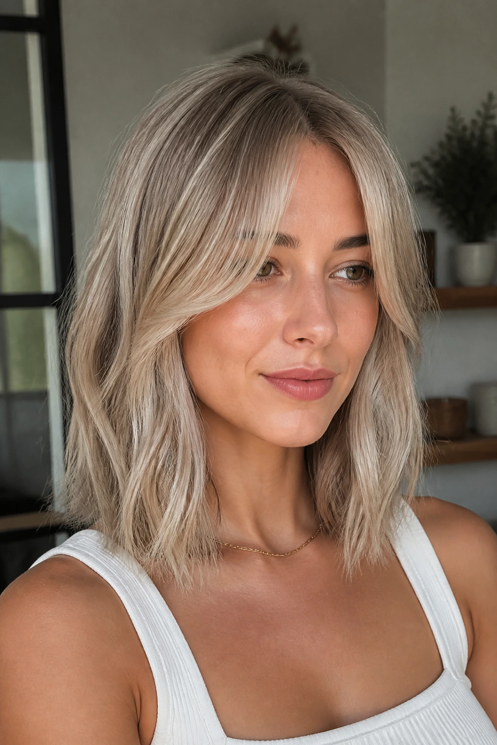 Real woman with ash-blonde curtain-bang lob in natural daylight