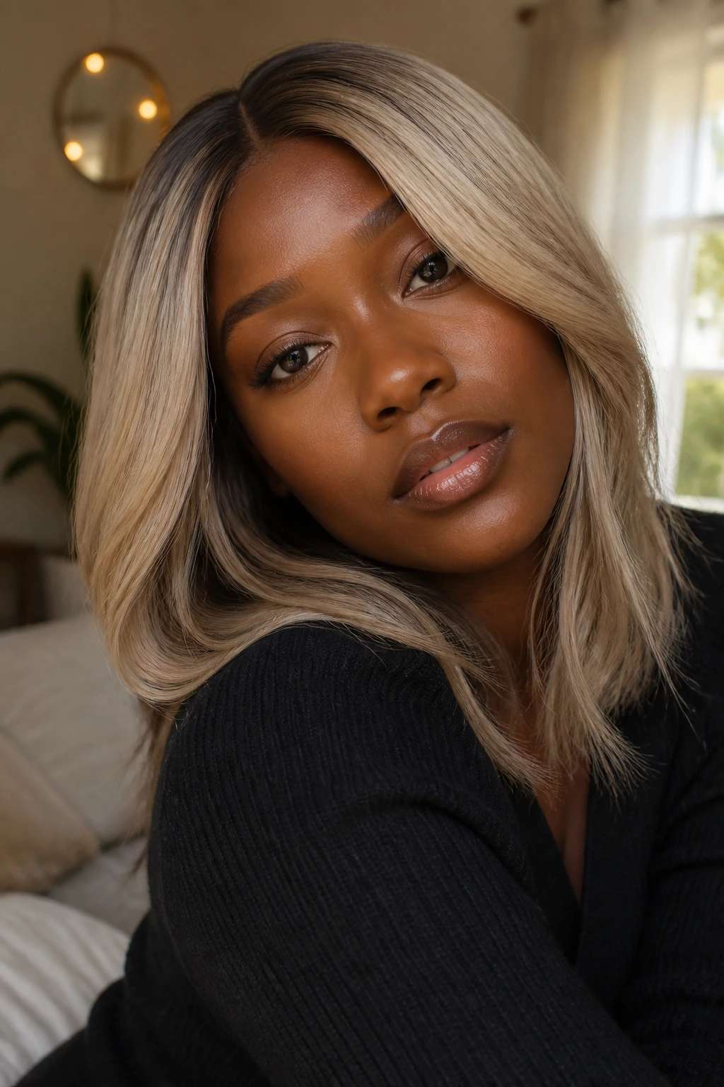 Close-up portrait of a person with deep skin and ash blonde hair framing the face.