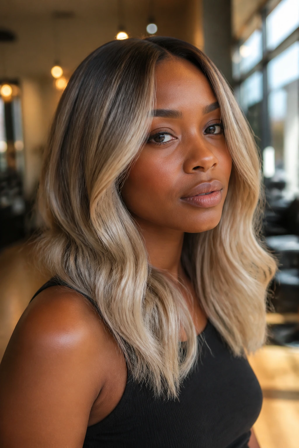 Close-up of a real woman with ash blonde hair showing depth in warm salon light