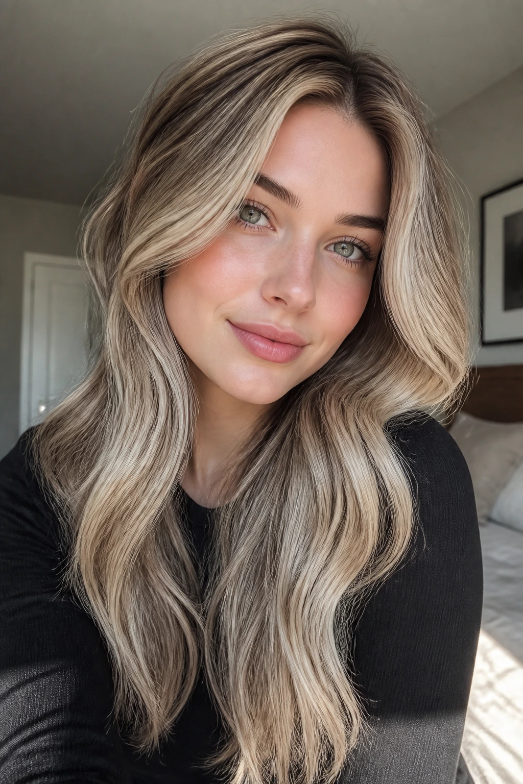 Portrait of a person with root melt and pearl beige ends in ash blonde hair