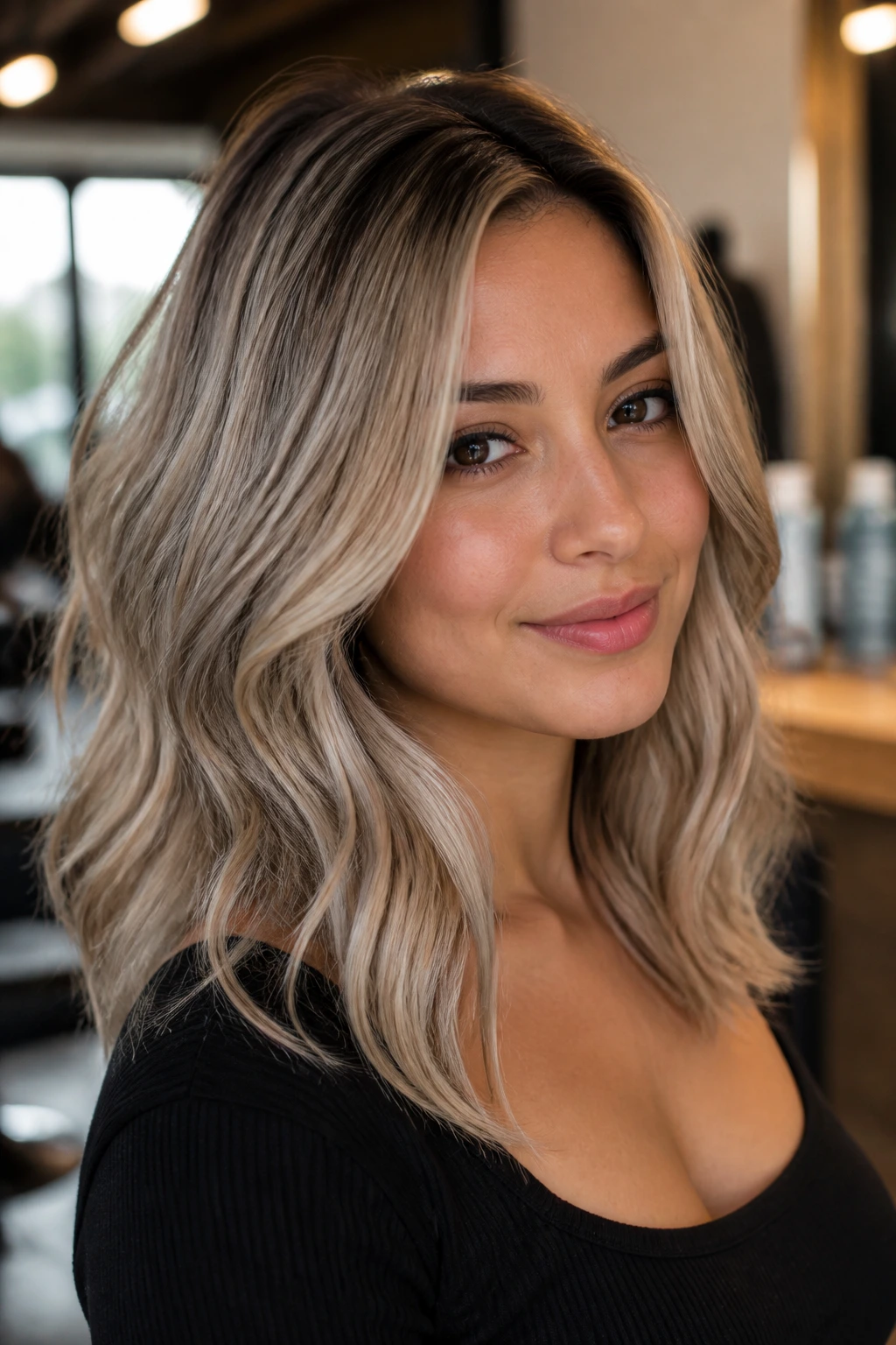 Close-up portrait of a woman with glossy ash blonde hair and root depth in a warm salon