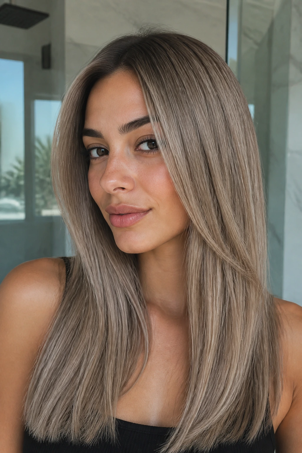 Portrait of a real woman with lived-in ash blonde hair and a glossy finish.