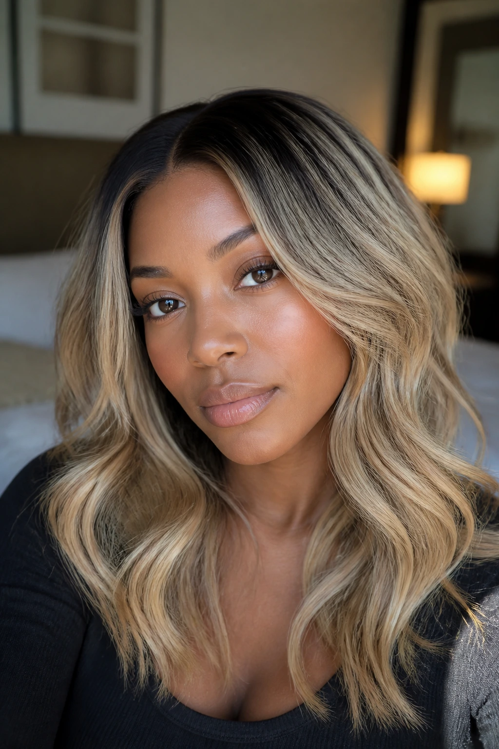 Close-up portrait of a real woman with cool honey ash hair and dark roots, deep skin tone.
