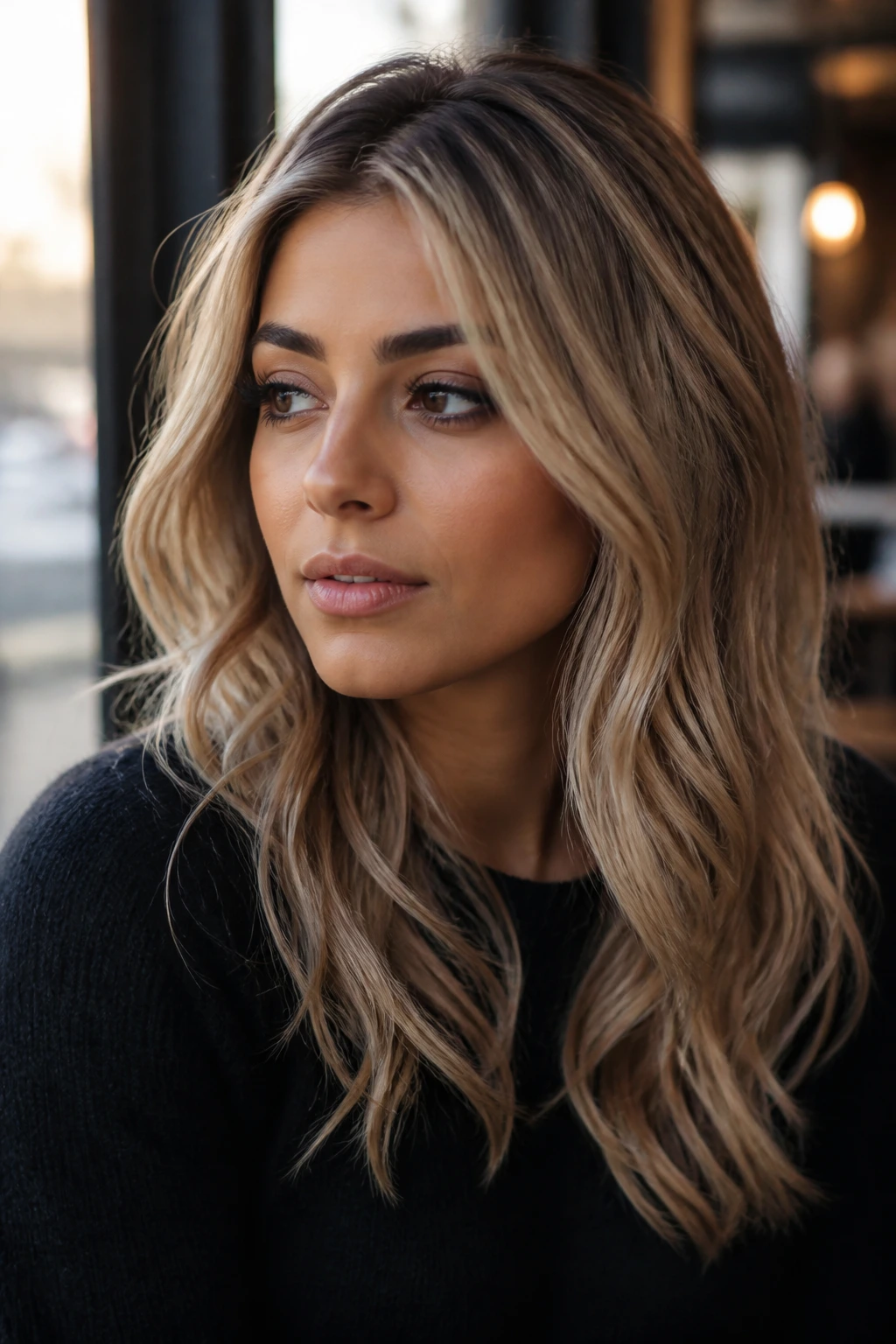 Close-up portrait of a real person with ash blonde hair and cool undertones