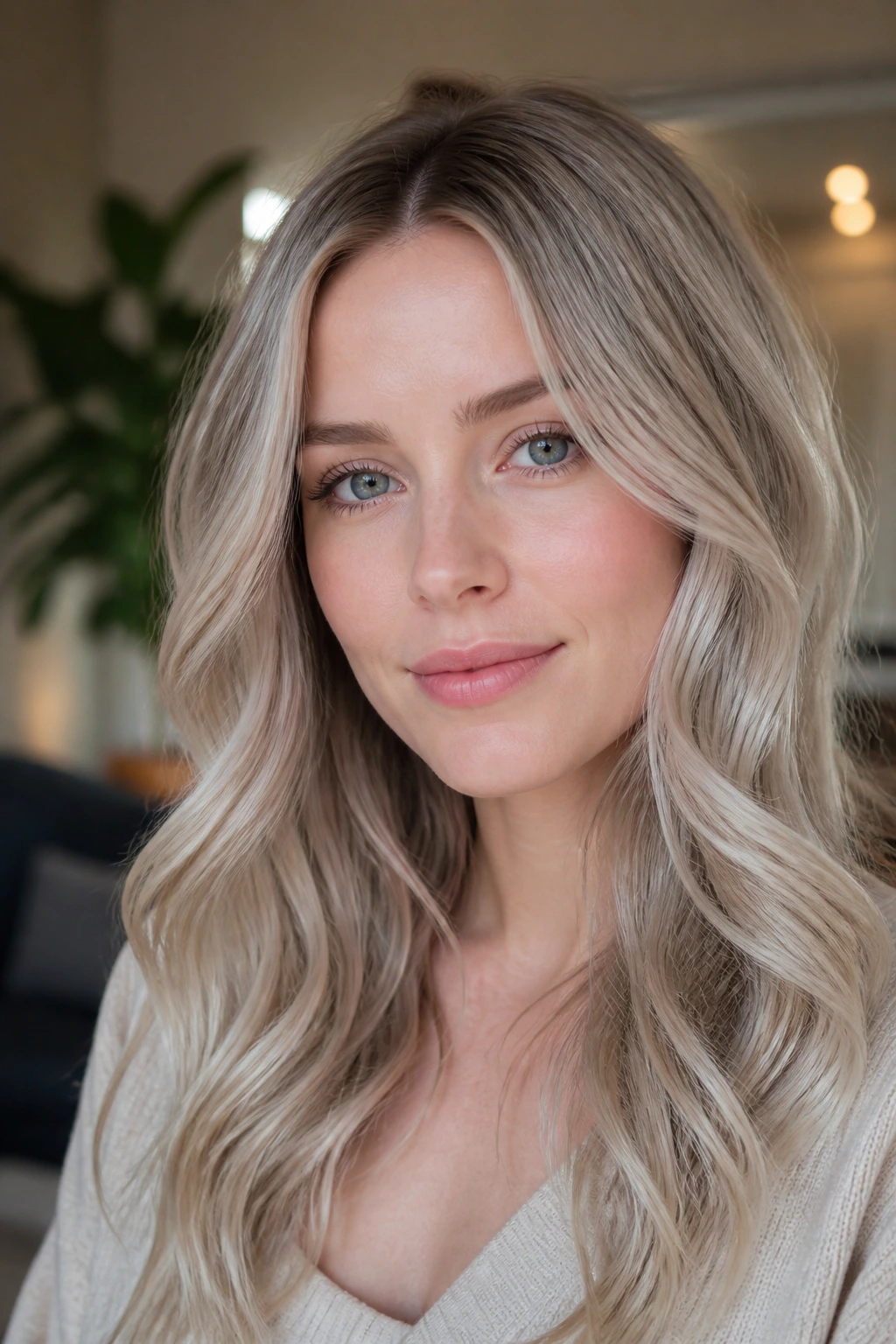 Close-up portrait of a real woman with ash blonde hair showing dimensional tones for brighter fair skin