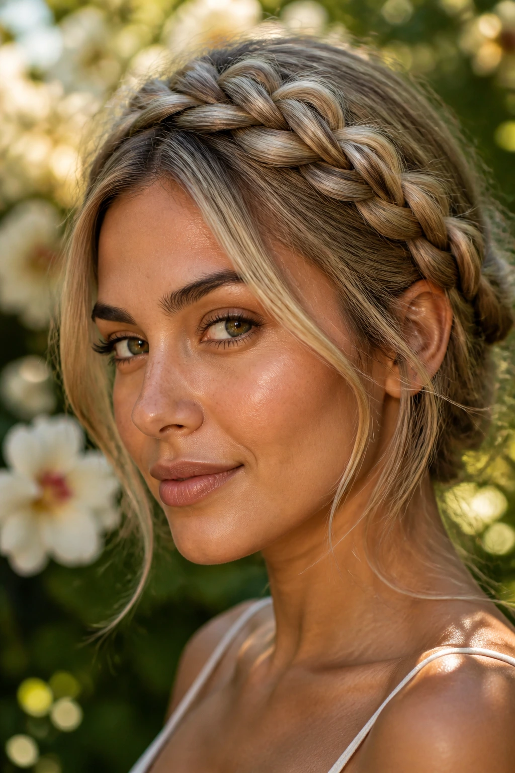 Olive-skinned woman with ash blonde halo braid in golden hour light.