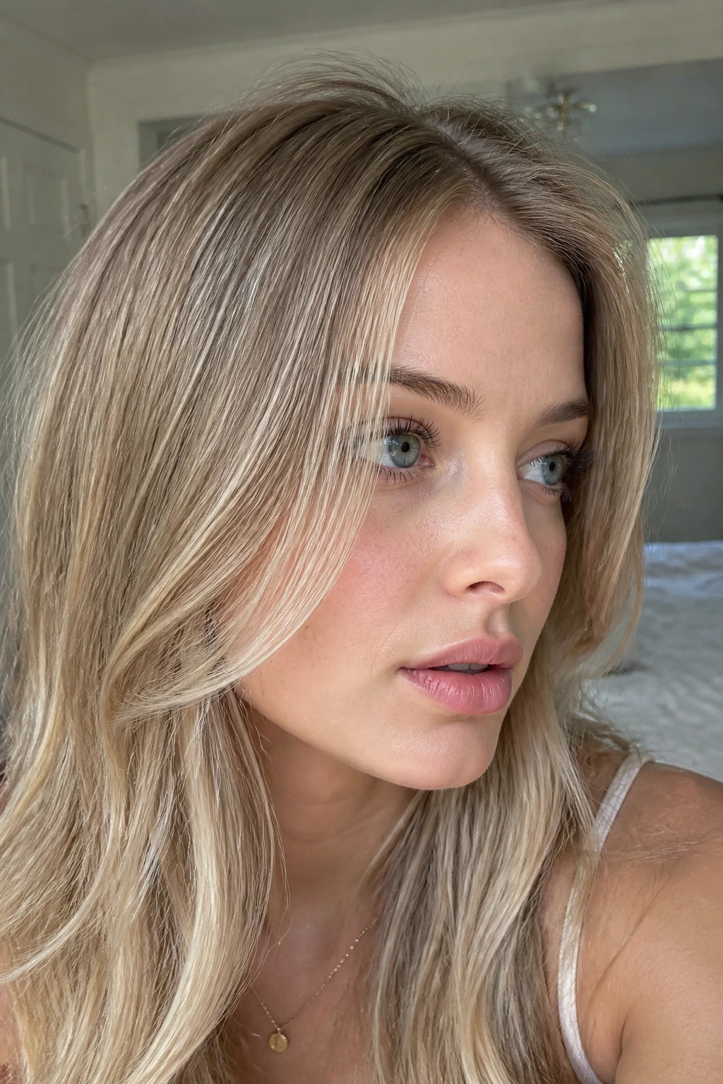 Close-up portrait of a real woman with ash-blonde micro-highlights around the crown