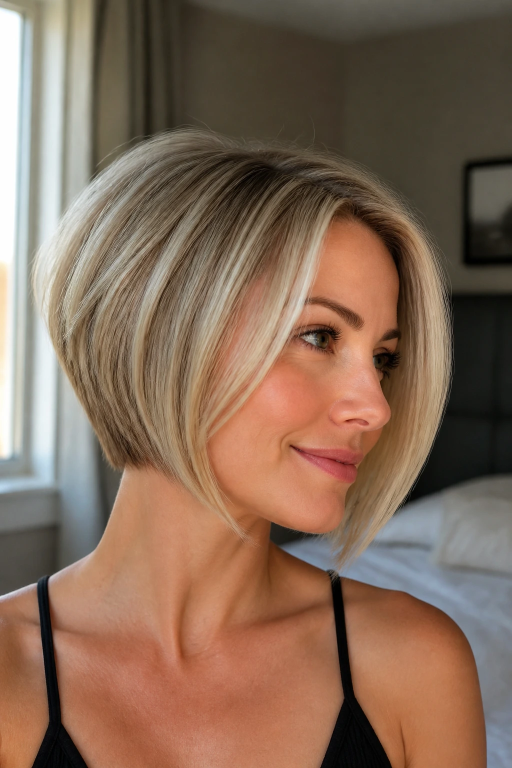 Close-up portrait of a real woman with a tapered ash-blonde inverted bob, front longer than back