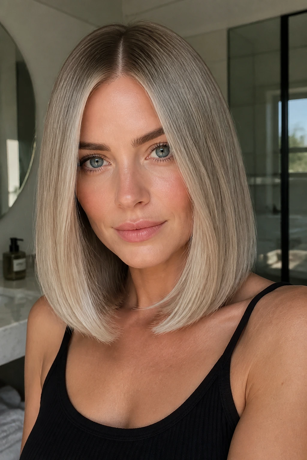 Close-up of a real woman with ash blonde center-parted lob under natural light