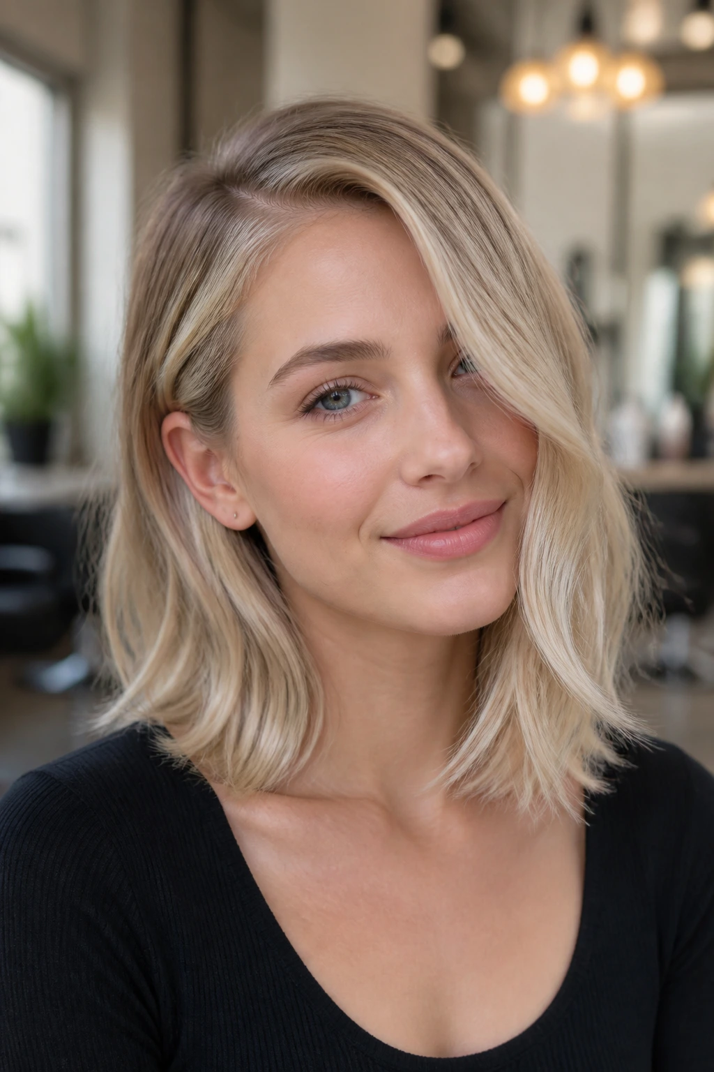Close-up portrait of a woman with a side-swept ash-blonde lob and soft bend