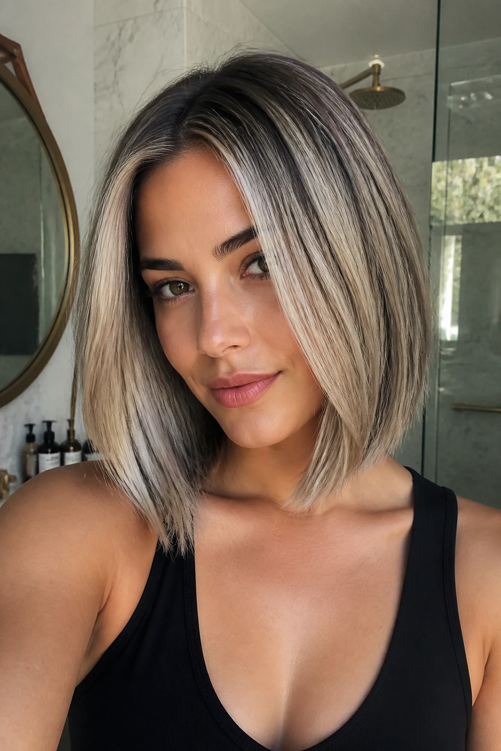 Close-up portrait of a real person with ash blonde lob and charcoal lowlights